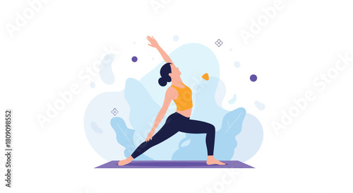 A woman in warrior II pose on a yoga mat with abstract background elements.