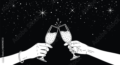 Two hands clinking champagne glasses in a starry night sky, celebrating a special occasion.