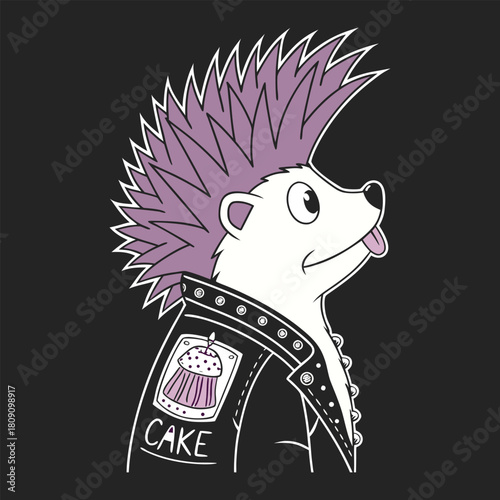 Hedgehog with purple mohawk and leather jacket eating cake punk