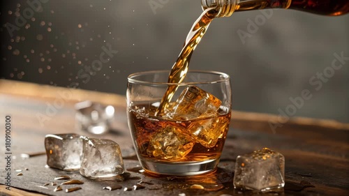 Rich amber whiskey poured over ice in glass on wooden table splash as ice cube pouring amber liquid whiskey glass condensation