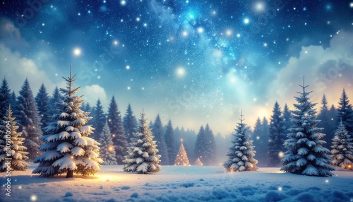 Fototapeta Naklejka Na Ścianę i Meble -  Enchanting winter wonderland scene with snow-covered trees and starry sky peaceful forest landscape magical environment serene night viewpoint nature concept for holiday inspiration