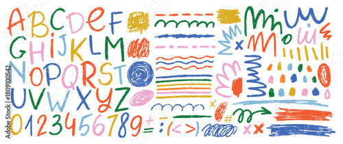 Colored arrows crayon doodle chalk icons set. Colorful doodle alphabet and design elements . Grunge scribble chalk marker drawing, chalk smears. Vector illustration