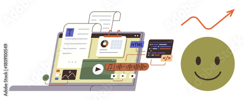 Laptop displaying text, code snippets, charts, media and tools. Green happy highlights progress, arrow indicates growth. Ideal for web design, content creation, teamwork productivity progress