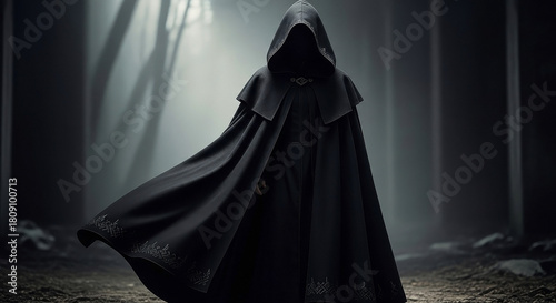 A mysterious figure cloaked in black stands in a dark, ominous forest, shrouded in shadows.
