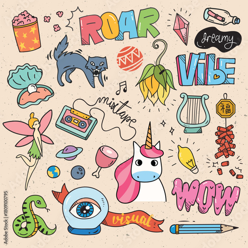 Colorful doodle collage diverse icons. Vector illustration