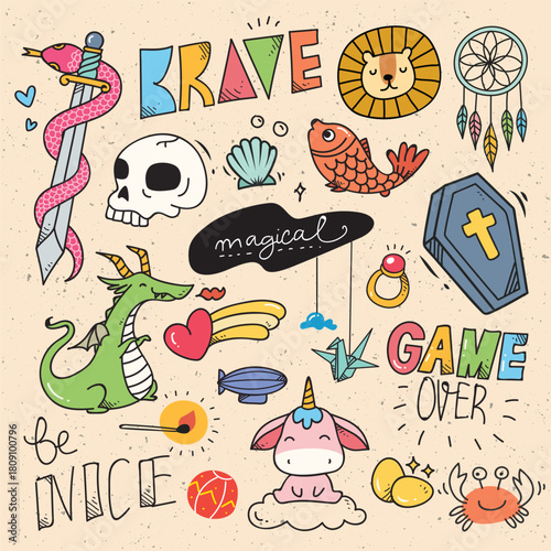 Colorful doodle collage featuring various cartoonish drawings on a beige textured backdrop. Vector illustration