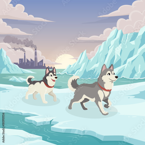 Syberint huskey migration Arctic sun sky illustration design 4000x4000