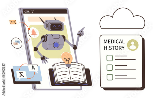 Robot emerging from device assists with medical data, translation, notifications, and learning. Ideal for healthcare, AI, automation, technology education data efficiency. Simple flat metaphor