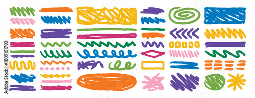 Colored arrows crayon doodle chalk icons set. Colorful textured crayon doodles in assorted shapes. Grunge scribble chalk marker drawing, chalk smears. Vector illustration