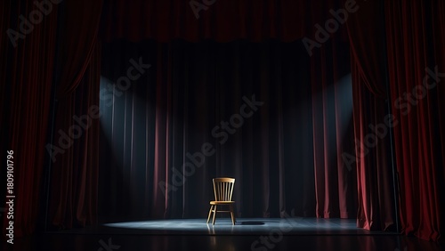 drama. Theater stage with red velvet curtains partially opened, revealing a single chair. event programs, museum guides, designed for cultural heritage projects and event programs.