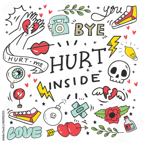 Doodle art of melancholic themes broken hearts skulls and hurt expressions surround the words Hurt Inside. Vector illustration