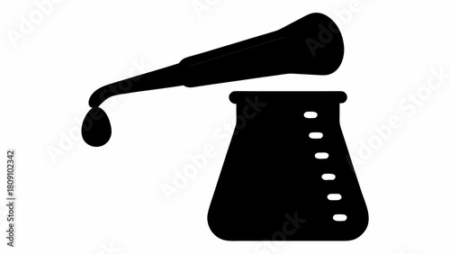 Black silhouette of a pipette dispensing a drop into a marked laboratory flask on a white background