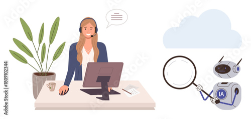 Customer service agent with headset assisting at computer, AI robot holding magnifying glass. Ideal for tech innovation, AI integration, customer service, digital transformation, teamwork