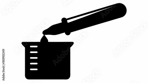 Black silhouette of a dropper dispensing liquid into a beaker with measurement markings visible on it