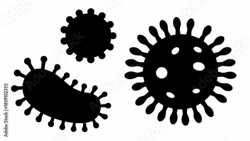 Black silhouettes of three virus cells with different shapes and surface features on white background