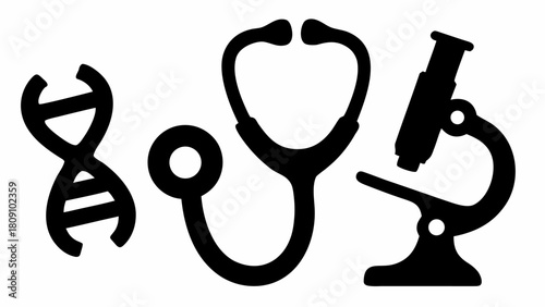 Illustration showing a dna strand stethoscope and microscope in black silhouette on a white background