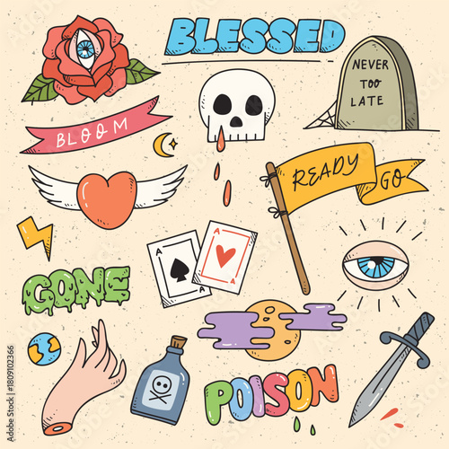 Doodle sheet surreal images include skull rose winged heart sword playing cards eye poison tombstone words blessed gone bloom ready go. Vector illustration
