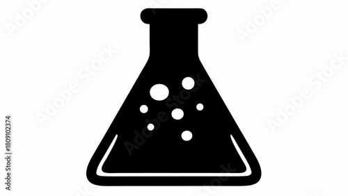 Illustration of a black erlenmeyer flask with bubbles inside on a white background view