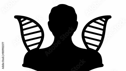 Silhouette of a person with dna structures on either side of the shoulders in black and white style