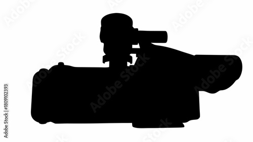 Silhouette of a professional video camera with viewfinder and microphone attachment shown in black