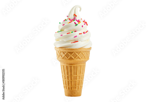 Foto Isolated vanilla soft serve ice cream cone with colorful sprinkles on a warm day