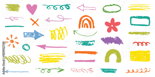 Colored arrows crayon doodle chalk icons set. Handdrawn crayonlike doodles of arrows lines shapes flowers hearts etc in various colors scattered across. Grunge scribble chalk marker drawing, chalk sme