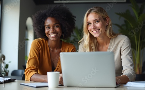 Young black south american woman looking at camera with her blonde caucasian colleague while working in modern office - Break from work and coworking concept. High quality