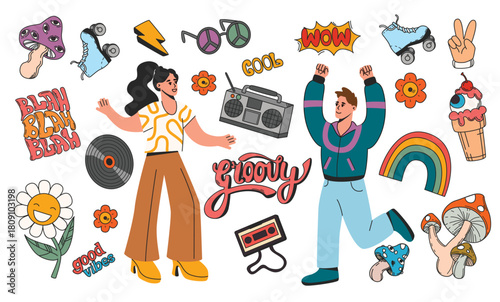 Illustration of a man woman and vintage elements in retro style. Vector illustration