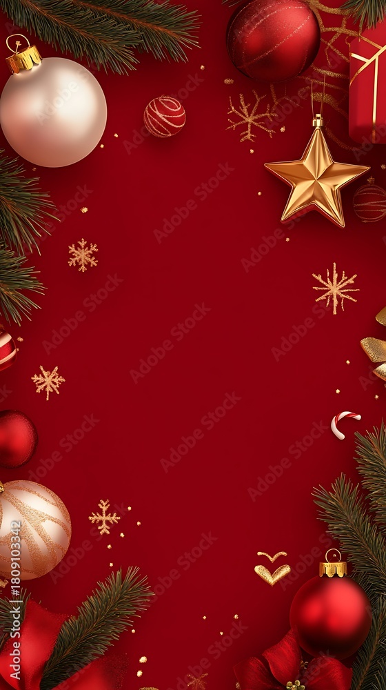 Naklejka premium Elegant Red Christmas Border with Gold Accents and Ornaments holiday festive photo