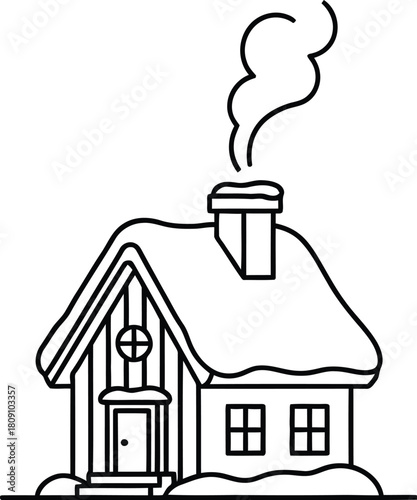 Cozy winter house with snow on the roof and smoke coming from the chimney