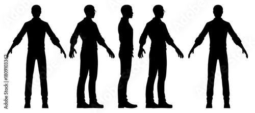 Stylized African male with glasses in four distinct silhouette poses against a white background. The stark contrast creates a modern graphic design element.