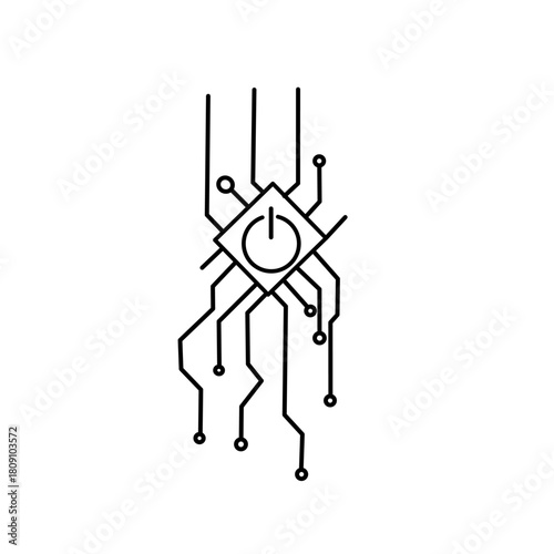Minimalist line art of a central microchip with a power button symbol, connected to circuitry lines. Represents technology, startup energy, innovation, and digital life.