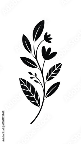 Black silhouette of a stylized flowering plant with leaves and buds on a white background vector