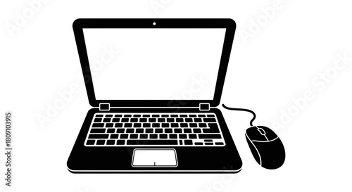 Open Laptop Computer with Wired Mouse Vector Icon