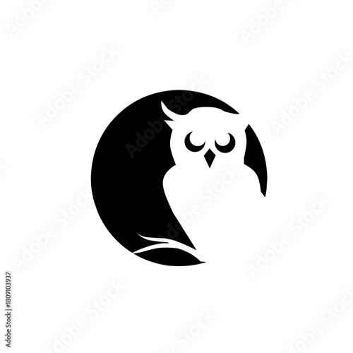 Elegant owl silhouette icon: A wise bird perched on a branch against a dark circle, symbolizing wisdom, knowledge, education, night, and mystery. Ideal for learning concepts.
