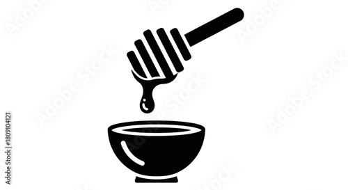 Honey Dipper Stick Dripping into Bowl Vector Icon