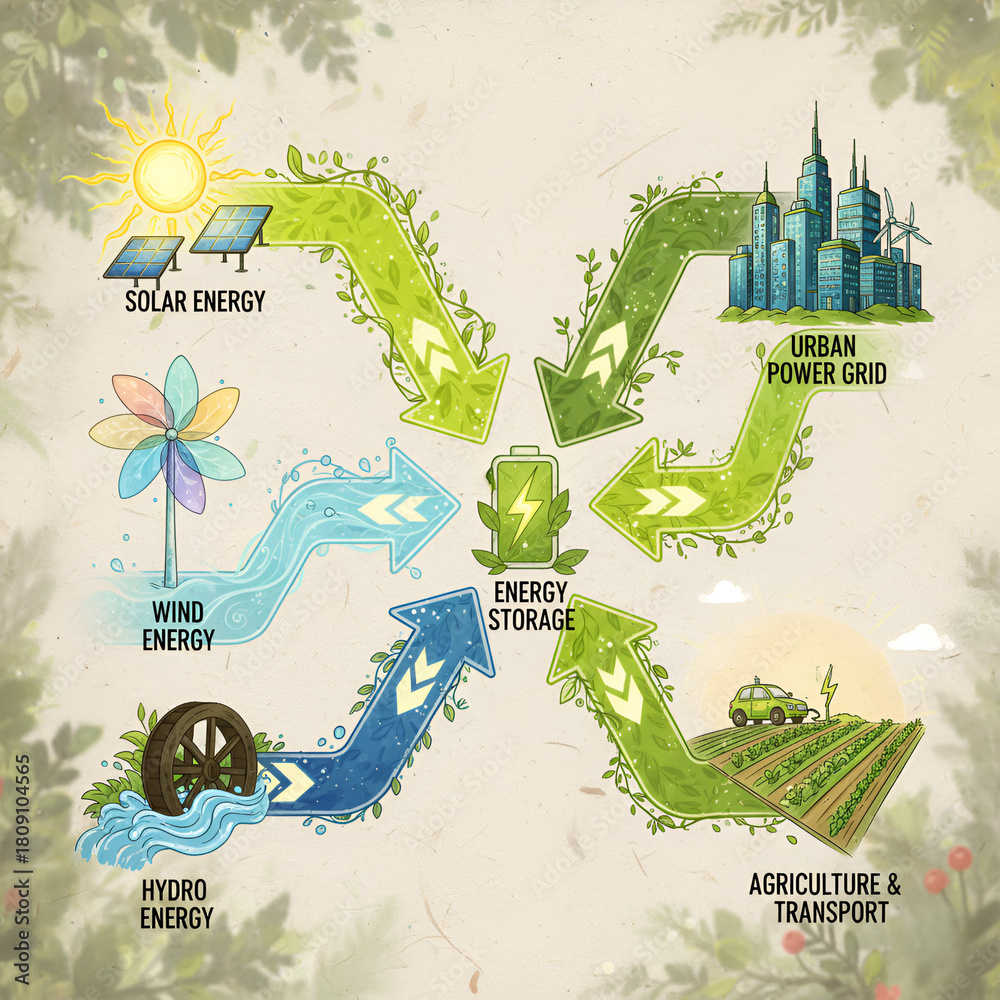 Obraz premium Sustainable energy infographic illustration showing solar wind hydro and urban power grid with energy storage concept for agriculture and transport