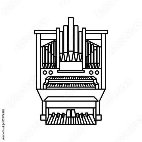 Detailed line art illustration of a grand pipe organ musical instrument