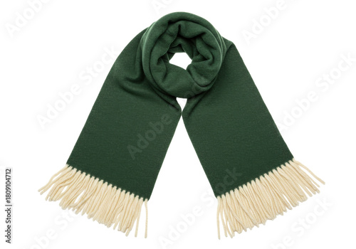 Bild auf Leinwand Isolated green wool scarf with fringe, warm winter accessory, soft apparel, cozy