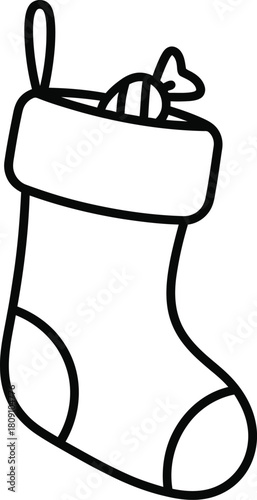 A christmas stocking with a candy inside, outlined in black, on a white background, simple drawing