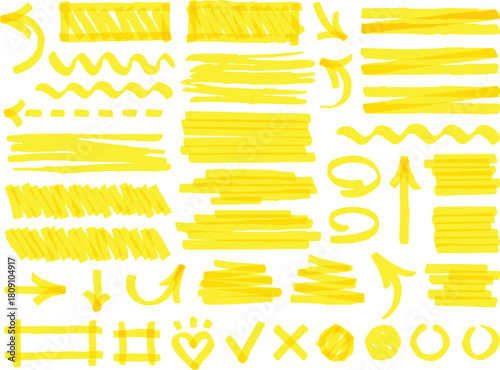 Yellow highlighter marks in lines arrows shapes. Grunge scribble chalk marker drawing, chalk smears. Vector illustration