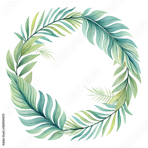 Watercolor tropical palm leaves forming a circular frame on black background