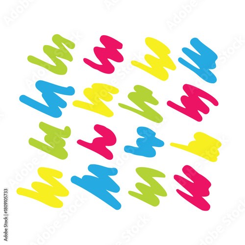 Sixteen colorful cartoonish scribble marks arranged in a square grid. Grunge scribble chalk marker drawing, chalk smears. Vector illustration