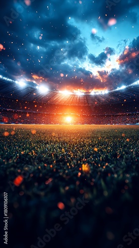 Dramatic Soccer Stadium at Sunset with Glowing Lights and Sparks football stadium photo