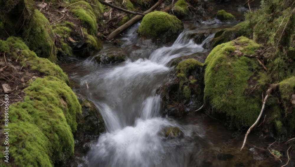 Fototapeta premium Lush Green Mossy Rocks Surround a Serene Forest Stream with Flowing Water.