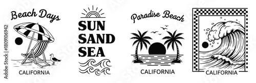 Vintage california beach vibes featuring sun sand sea palm trees and ocean waves