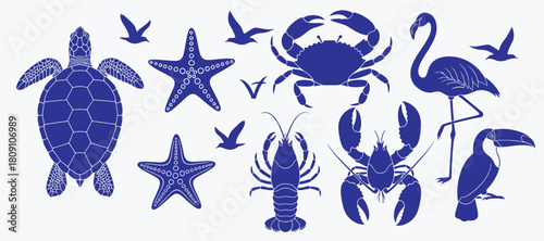 Collection of blue marine and avian silhouettes on a cream background