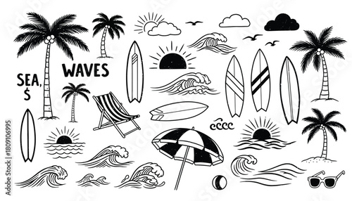 Hand drawn tropical beach scene elements featuring palm trees surfboards waves and sunsets
