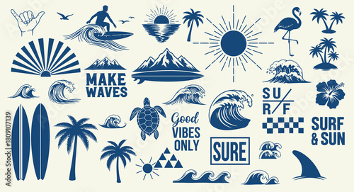 Retro surf and tropical beach elements collection for apparel and design