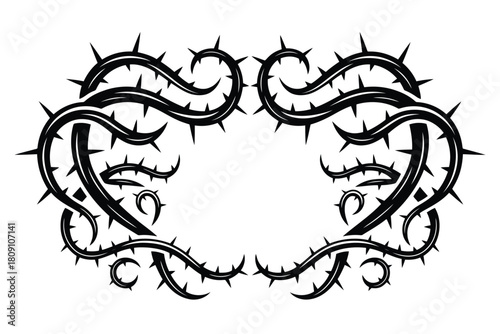 Black thorny vine border design with sharp spikes and curved stems white